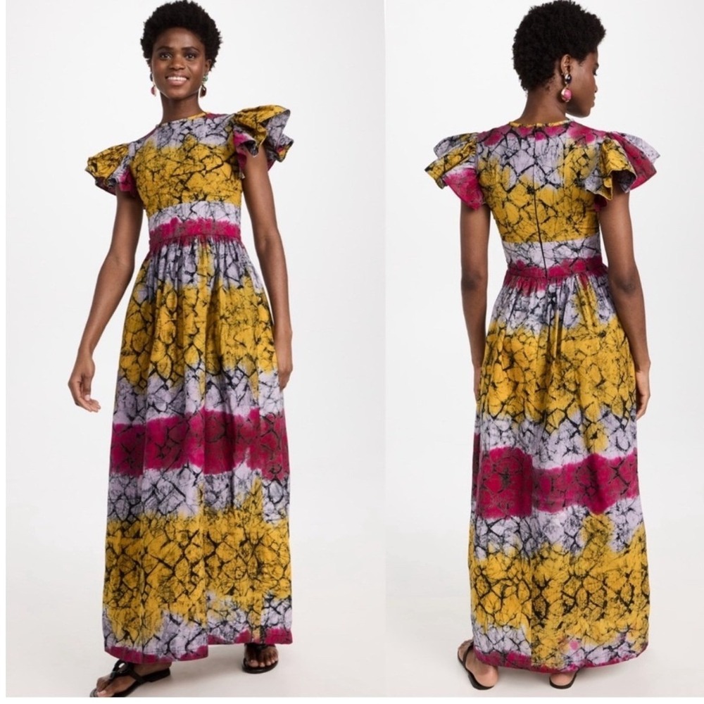 Sika Batik Color Blocking Maxi Dress Flutter Sleeve Yellow Pink Gray Size 6 Boho